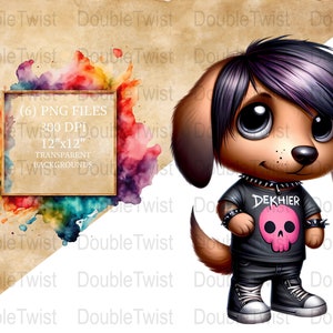 Emo Dachshund PNG Set, Cute Gothic Cartoon Dogs, Digital Download, Clipart Collection, Animal Art Illustrations