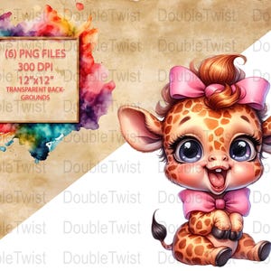 Adorable Baby Giraffe with Pink Bow PNG Clipart, Cute Cartoon Giraffe Clipart, Baby Animal Digital Download, DIY Projects, Nursery Art