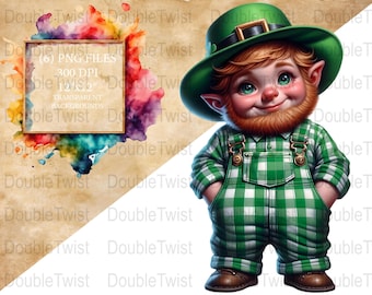 Whimsical Leprechaun in Overalls Clipart, St. Patrick's Day Clipart, Cute Leprechaun Digital Art, Irish Holiday Clipart, Instant Download