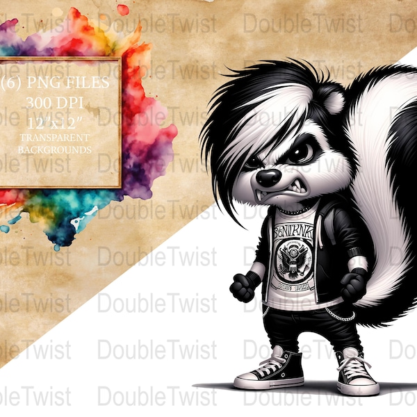 Emo Skunks Clipart, Cute Punk Rock Skunks PNG, Digital Download, Cartoon Skunks Illustration, DIY Projects, Scrapbooking, Printable Art