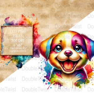 Lindo cachorro sorprendido, perro con salpicaduras de acuarela colorida PNG, ilustración de mascota, descarga digital, arte animal, decoración de habitación de niños