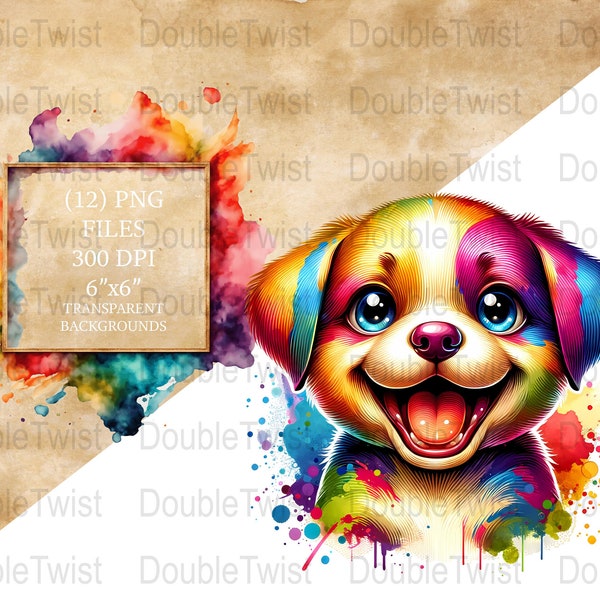 Cute Surprised Puppy Clipart, Colorful Watercolor Splash Dog PNG, Pet Illustration, Digital Download, Animal Art, Kids Room Decor