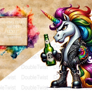 Unicornios punk rock, unicornios coloridos PNG, descarga digital, criaturas míticas rockeras, fondo transparente de 300 DPI