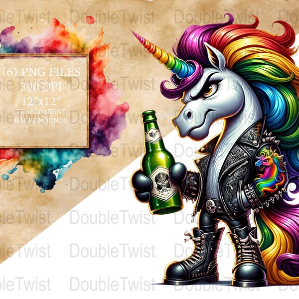 Punk Rock Unicorns Clipart, Colorful Unicorn PNG, Digital Download, Rocker Mythical Creatures, 300 DPI Transparent Background