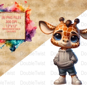 Adorable Streetwear Giraffe Clipart PNGs, Cute Urban Animal Graphics, Digital Download, Kids Fashion Illustrations