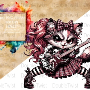 May include: A digital illustration of a punk rock cat playing a guitar. The cat has pink hair, a plaid skirt, and black boots. The guitar is decorated with skulls. The image includes text that reads "(6) PNG FILES 300 DPI 12x12" and "TRANSPARENT BACKGROUNDS".