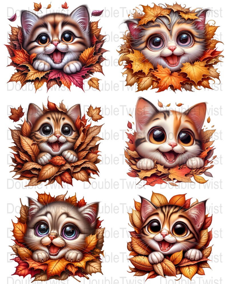 Adorable Autumn Kitten Clipart, Cute Fall Leaves Cat Art, Autumn Decor