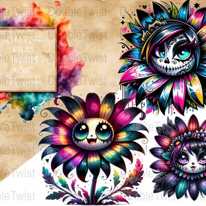 May include: Three digital illustrations of colorful, cartoon-style flowers with human-like faces. Each flower has a different color scheme and facial expression. The flowers are set against a white background.