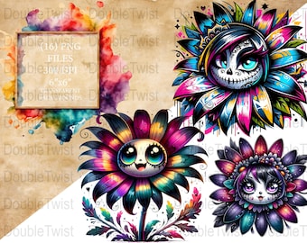 Gothic Skull Daisies Clipart, Tattoo Style Flowers (PNG Digital Download)