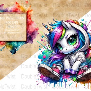 Ink Splash Streetwear Unicorn Clipart, Cute Kawaii Unicorn Art, Digital Download, Rainbow Ink Design, T-Shirt Design, PNG Stickers