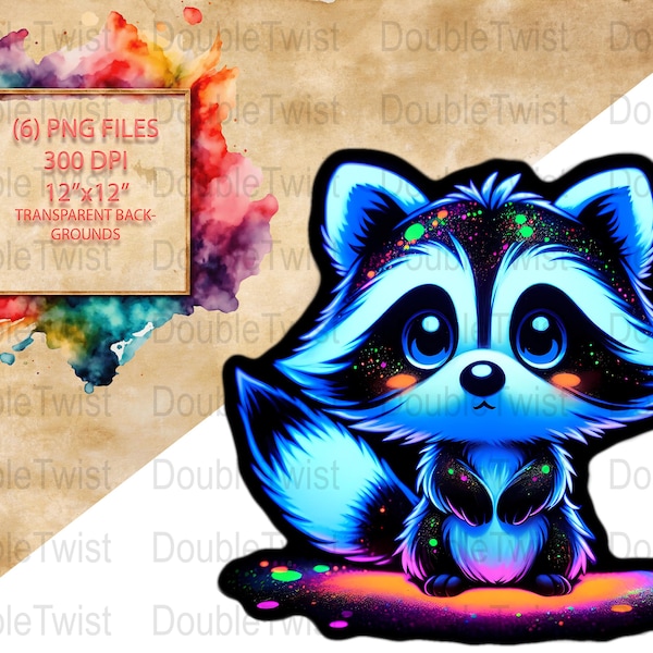 Blacklight Paint Style Raccoon PNGs, Vibrant Digital Art Clipart, Neon Glow Graphics for Crafting and Design