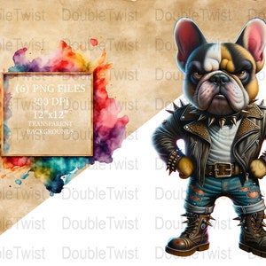 May include: A cartoon French bulldog wearing a black leather jacket with silver studs, blue jeans with rips, and black boots with silver studs. The bulldog has a serious expression and is standing with its arms crossed.