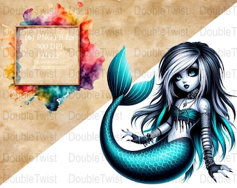 Goth Mermaid Clipart, Digital PNG Download, Dark Fantasy Ocean Graphics, Spooky Siren Illustrations, Underwater Creatures, Creepy Mermaids