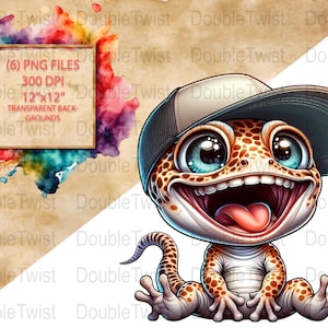 Cute Gecko in Baseball Cap Clipart, Happy Gecko Illustration, Childrens Party Invitations, Nursery Decor, Scrapbooking and Craft Projects