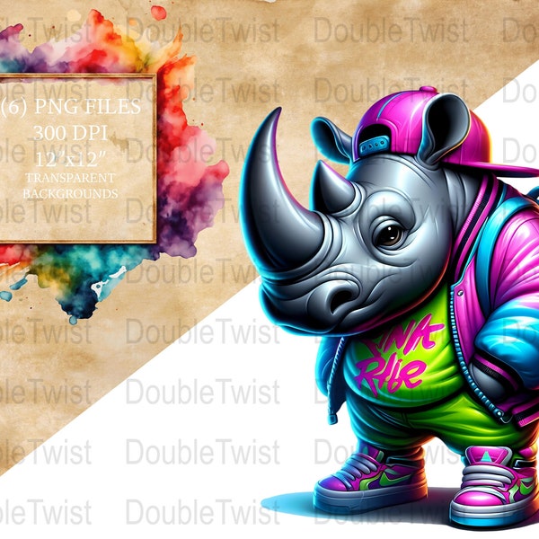 Neon Rhino Clipart, Punk Rock Rhino PNG, Vibrant Print Design, Unique Streetwear Style Illustration