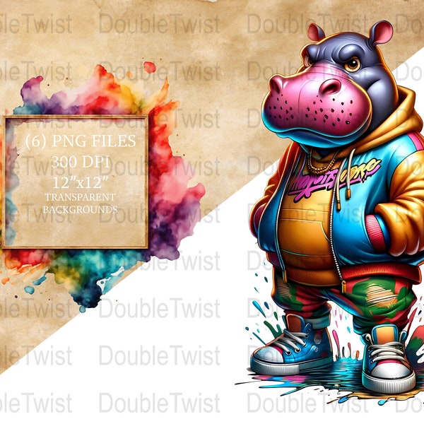 Hip Hop Hippo Clipart PNG, Streetwear Style Animal, Urban Jungle Fashion, Graffiti Art Digital Download, Colorful Hipster Hippo PNG Set