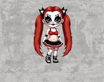 Könnte beinhalten: Eine digitale Illustration einer Comicfigur mit roten Haaren, schwarzer und weißer Totenkopf-Schminke, einem rot-schwarzen Outfit und weißen Handschuhen. Die Figur trägt rot-weiß gestreifte Strümpfe und schwarze Schuhe mit weißen Akzenten.