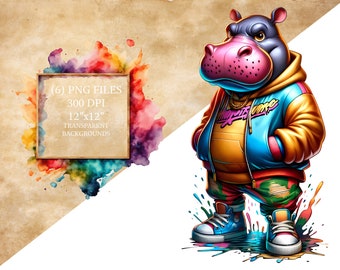 Hip Hop Nilpferd Clipart PNG, Streetwear-Stil Tier, Urban Jungle Mode, Graffiti Kunst Digital Download, bunte Hipster Nilpferd PNG Set