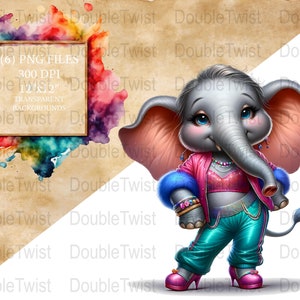 Elefantes Diva PNG, Clip Art de Elefante Listo para la Fiesta, Paquete de Gráficos de Elefantes, Ilustraciones Coloridas de Elefantes,