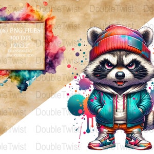 Graffiti wasbeer clipart, hiphop trash panda png, urban streetwear wasbeer design, kleurrijke digitale kunst, transparante achtergrond, download