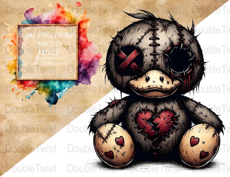 Creepy Cute Stuffed Animal Clipart, Gothic Doll PNG, Spooky Plush, crafts and decorations, invitations, scrapbooking, T-shirt designs image 1