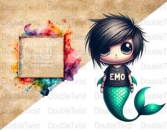 Emo Mermaids Clipart Pack, süße Goth Mermaid PNGs, digitaler Download, Alternative Style Ocean Grafiken, Pastel Goth Clip Art Collection