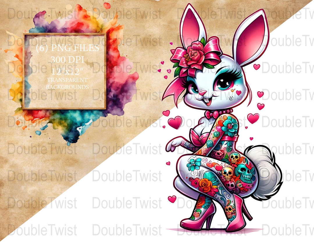 Pin-up Bunny Clipart Set, Cute Bunny PNG, Tattoo Style Bunny Art ...