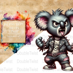Koalas punk rock PNG, clipart de banda atrevida, descarga de koala punk digital, diseño de camiseta gráfica imprimible, imagen de proyecto de bricolaje