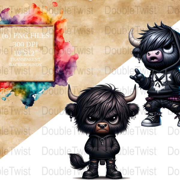 Emo Highland Cows Clipart, Goth Farm Animal PNG, Cute Emo Cow Digital Download, Punk Cow Printable Art, Dark Aesthetic Graphics Bundle