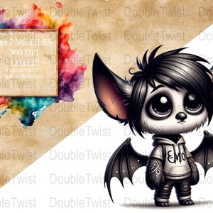 Emo Bats Clipart, Cute Gothic Bat PNGs, Digital Download, Cartoon Emo Animals, Dark Fantasy Graphics, Scrapbooking, Craft Supplies
