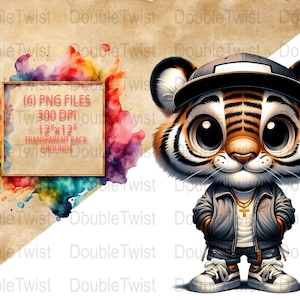 Könnte beinhalten: Ein Cartoon-Tiger, der eine schwarze Baseballkappe, eine graue Jacke und eine blaue Jeans trägt. Der Tiger hat große, runde Augen und einen freundlichen Ausdruck. Das Bild ist vor einem Aquarellhintergrund platziert.