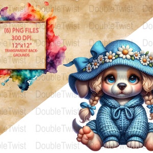 Ensemble de cliparts mignons chiots dans des pulls en tricot, lot d'illustrations de chien adorable, téléchargement numérique, scrapbooking, fabrication de cartes, travaux manuels