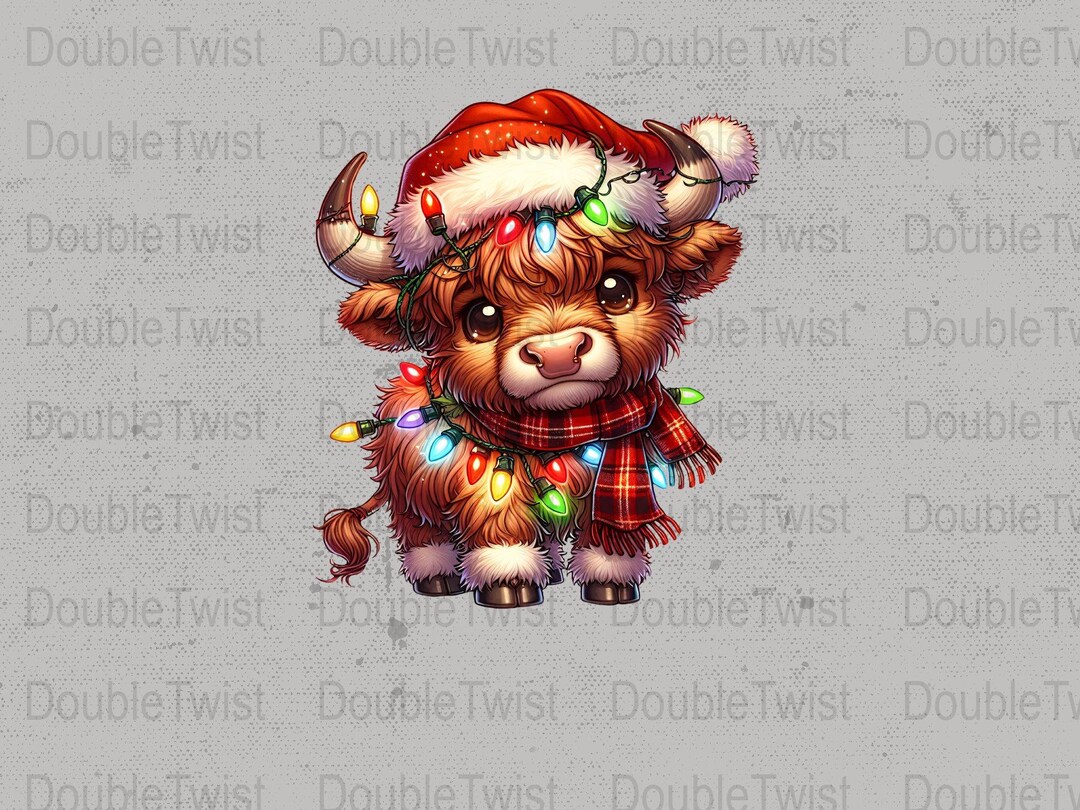Christmas Highland Cow With Christmas Lights Png Sublimation Design
