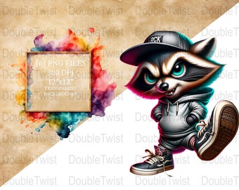 Urban wasbeer clipart, streetwear prullenbak panda png, digitale download, coole dierenafbeelding, skateboard hiphopstijl, stedelijke kunst