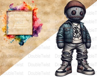 Clipart di bambole voodoo streetwear, PNG gotico urbano, bambole carine e inquietanti, download digitale, disegni e creazioni in sublimazione spettrali