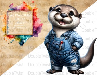 Country Otter Clipart, Rustic Overalls PNGs (Digital Download)