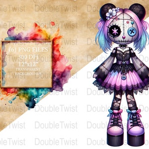 Puede incluir: Una ilustración digital de una muñeca linda, cosida con cabello rosa y azul, que lleva un vestido negro con una falda rosa y blanca, medias negras y zapatos de plataforma rosa y azul. La muñeca tiene una cara cosida con una estrella negra y un botón azul en un ojo y un botón azul en el otro ojo.