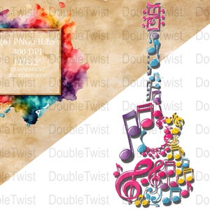 Muzieknoten gitaar clipart, 6 unieke ontwerpen, png, muziekliefhebber, instrument graphics, scrapbooking, kaarten maken, T-shirt ontwerpen