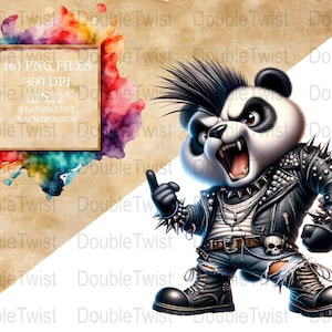 Pandas punk rock, panda de dibujos animados PNG, banda de música punk, descarga digital, calcomanía imprimible, diseño gráfico de remera, panda genial