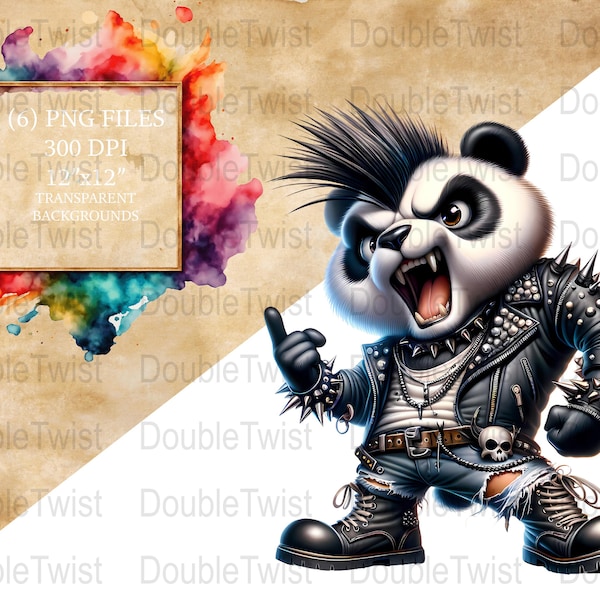 Punk Rock Pandas Clipart, Cartoon Panda PNG, Punk Music Band Animal, Descarga digital, Pegatina imprimible, Diseño de camiseta gráfica, Cool Panda