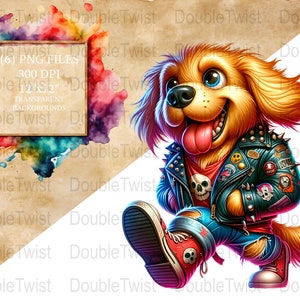 Punkrock Golden Retriever PNG's, digitale download, coole hond clipart, leren jas, rebelse hond graphics, muziekliefhebber