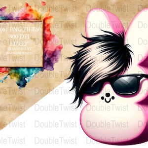 Puede incluir: Un caramelo de malvavisco rosa Peeps con un peinado mohawk blanco y negro y gafas de sol. El caramelo tiene forma de conejo.