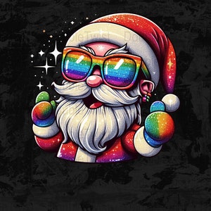 Rainbow Glitter Santa with Sunglasses PNG: Christmas Shirt Design (Digital Download)