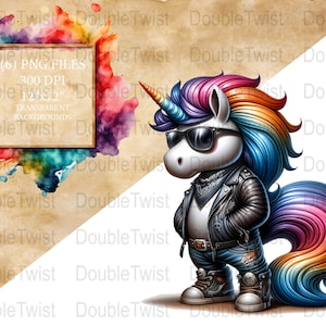Pacchetti PNG di unicorni motociclisti, unicorni cattivi, clipart di unicorni motociclisti, bundle di grafica fantasy, design stampabile unico, file PNG carini