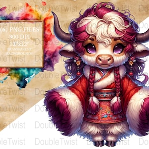 May include: A digital illustration of a cartoon yak with a red and white outfit. The yak has large purple eyes, pink and white hair, and black horns. The image includes text that reads "(6) PNG FILES 300 DPI 12x12" and "TRANSPARENT BACKGROUNDS".