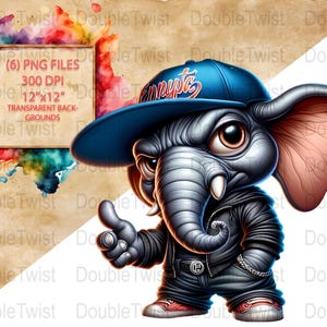 HipHop Elephant Clipart Bundle, Cartoon Elephant Graphics, Street Style Elephant Art, Digital Download, Cute HipHop Animal Clipart