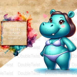 夏のカバのクリップアート、かわいいカバの PNG、トロピカルなビーチパーティーのグラフィック、かわいいデジタルダウンロード、夏のカバ、スクラップブッキングの要素