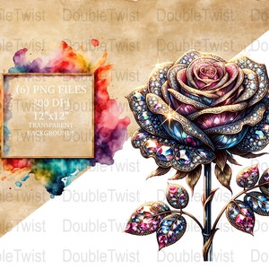 Clipart de rosas com joias vibrantes, arquivos PNG digitais, gráficos florais, álbum de recortes, design de cartão, inspiração para tatuagem, suprimentos para artesanato, 300 DPI