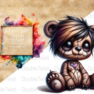 Colección PNG de osos de peluche emo angustiados, imágenes prediseñadas de osos góticos lindos, descarga digital, gráficos de juguetes emo, osos góticos pastel PNG