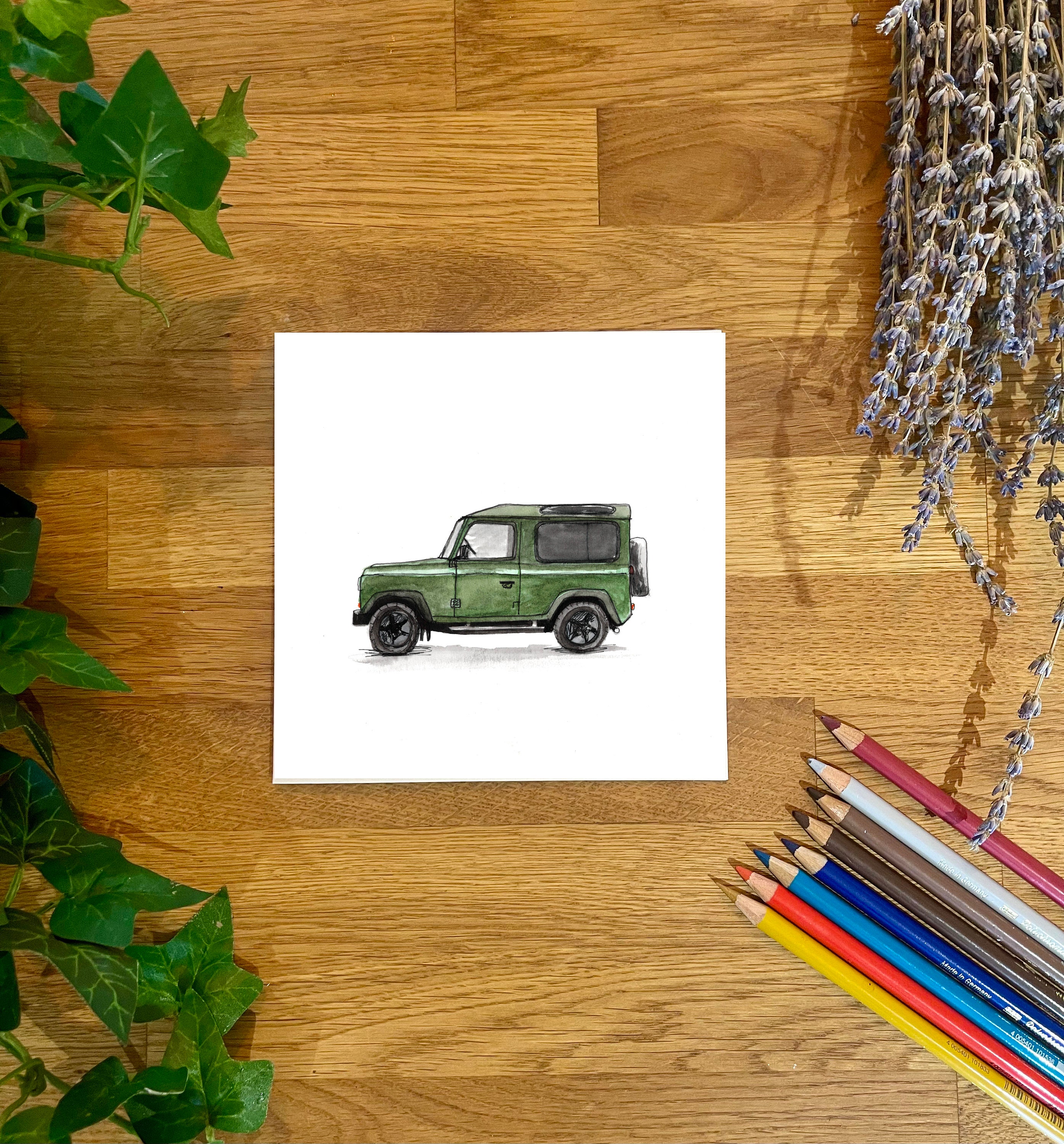 Pancli Art Rang Rover Land Rover Defender 90 Greeting Card | Hand-drawn Coloured Pencil Art ...